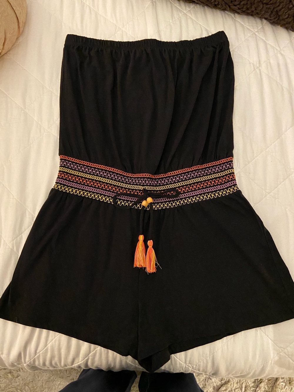 Black Strapless Romper with Orange Tassel Waist Detail NWT $58